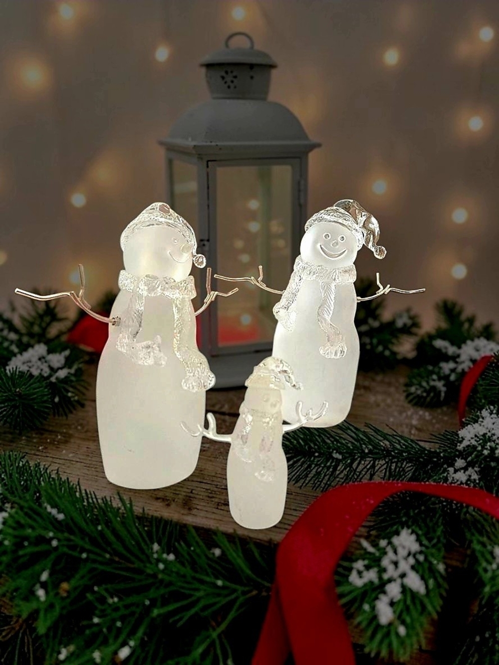 White Acrylic Frosted Snowman Trio Christmas Holiday Decor